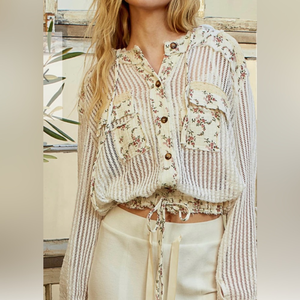 POL NWT Off White/Natural Floral Button-Up Sheer Top with Hood.Rayon/Spandex - Picture 9 of 17